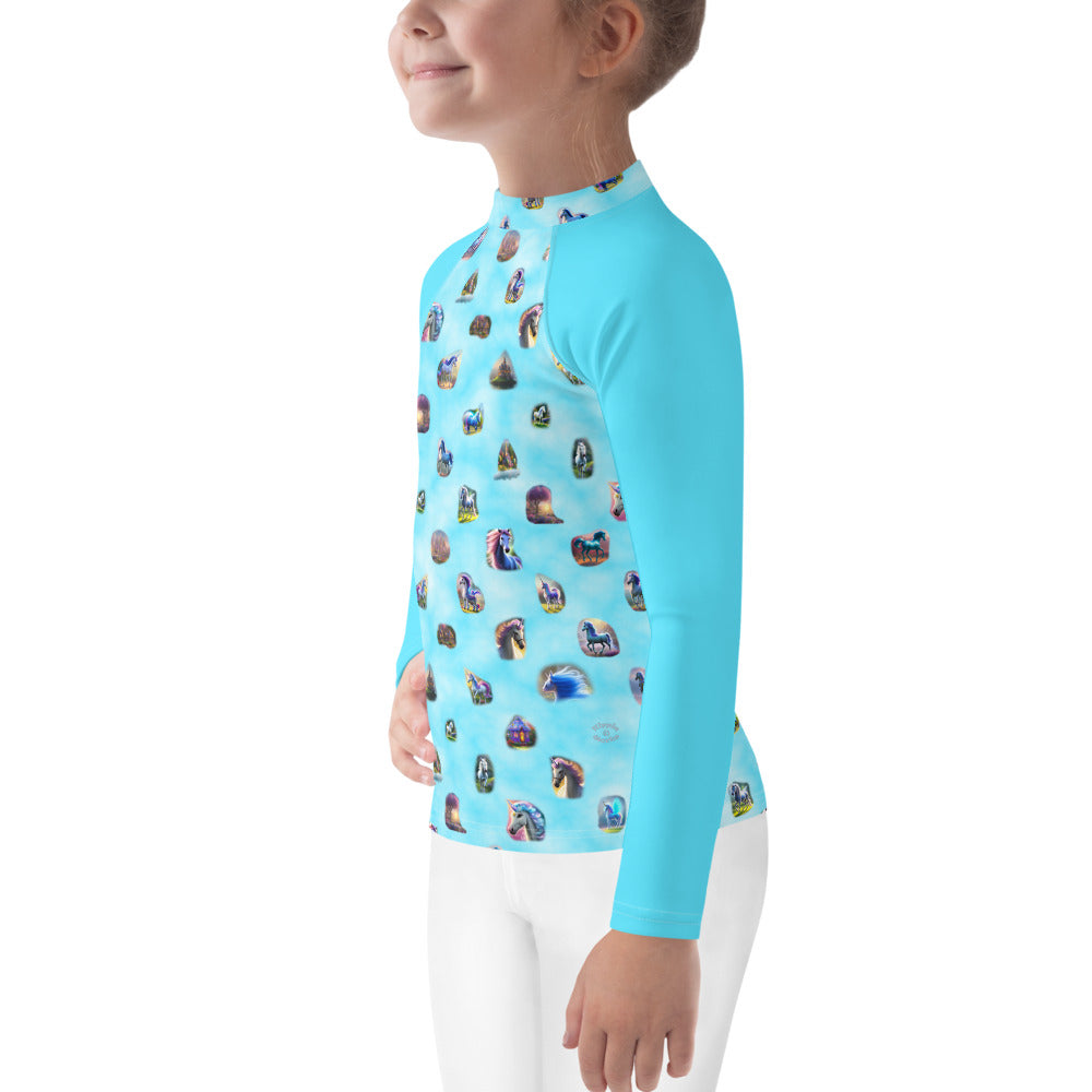 A picture of a girl wearing a "Ponies Unicorns & Fairy Houses" kids Rash Guard -left side