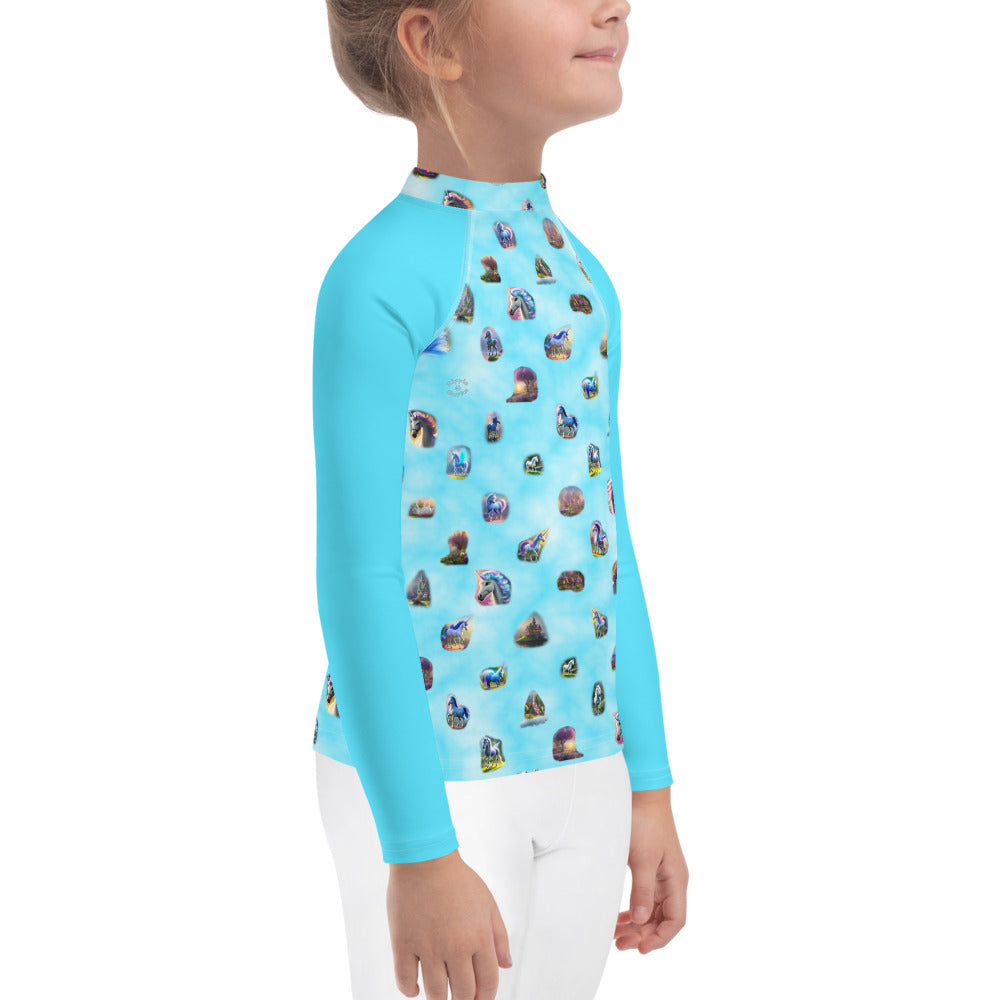 A picture of a girl wearing a "Ponies Unicorns & Fairy Houses" kids Rash Guard - right side