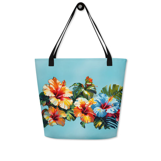 A picture of a Hawaiian Hibiscus Flower patterned Beach Large Tote Bag With Pocket - front