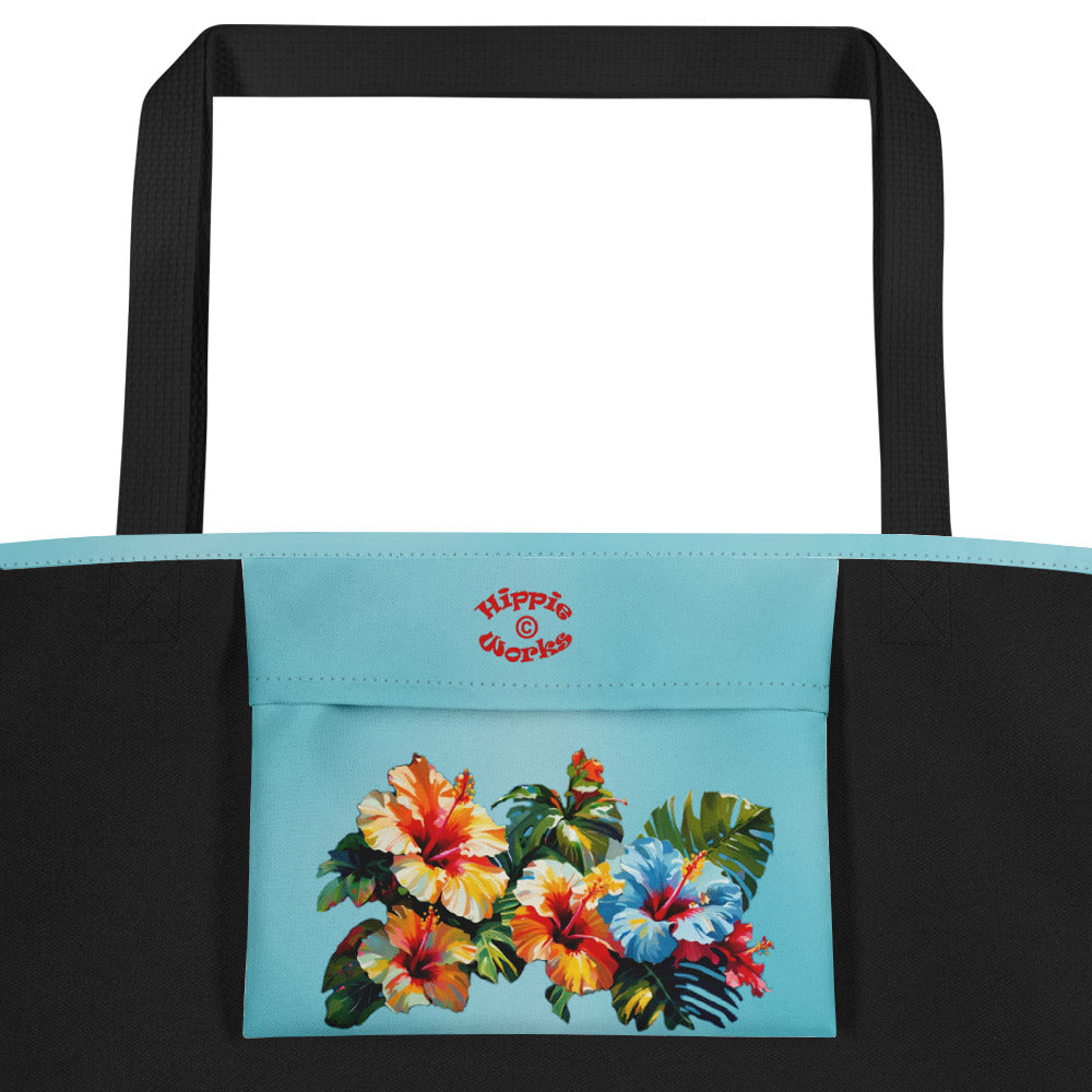 A picture of a Hawaiian Hibiscus Flower patterned Beach Large Tote Bag With Pocket - inside pocket