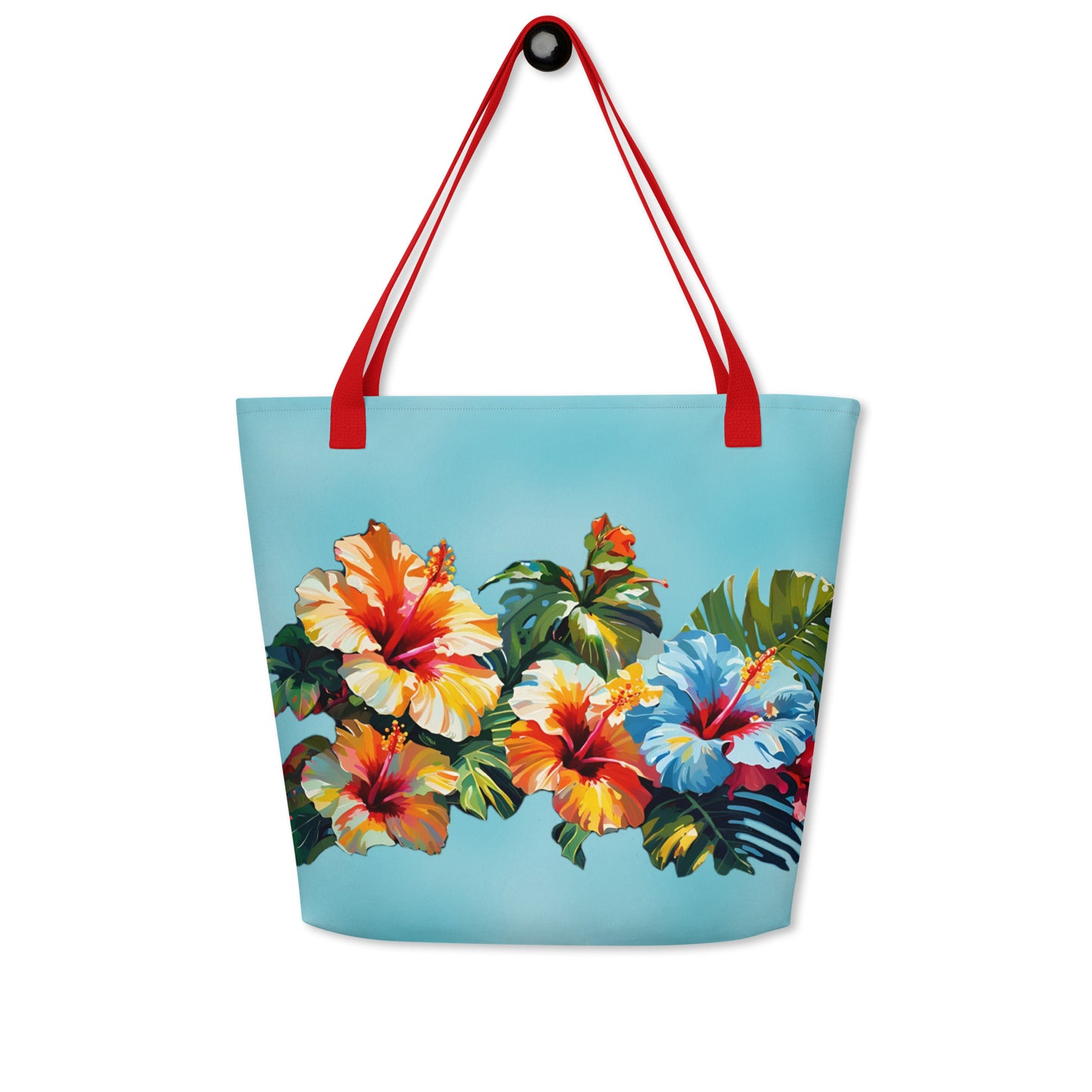 A picture of a Hawaiian Hibiscus Flower patterned Beach Large Tote Bag With Pocket - red back