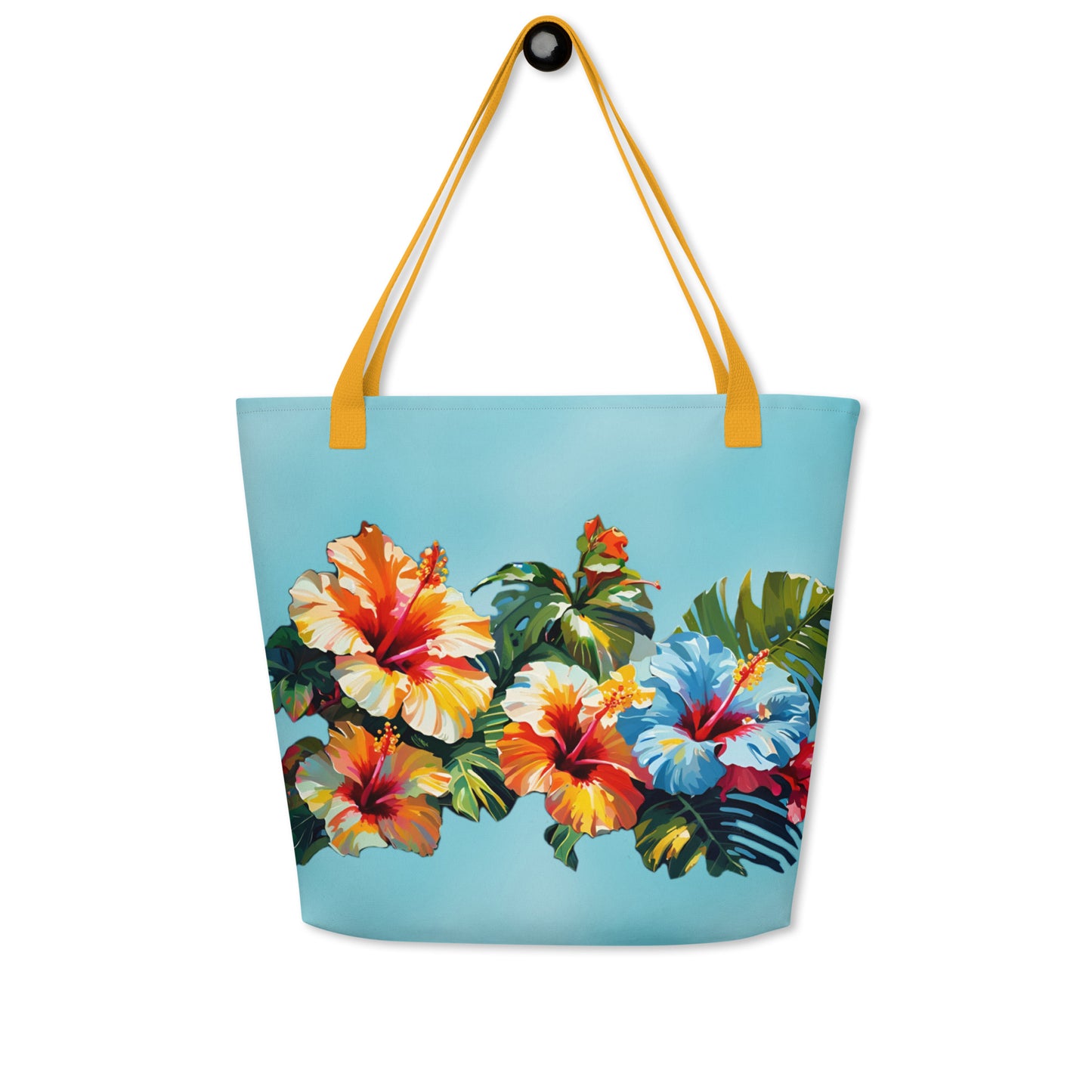 A picture of a Hawaiian Hibiscus Flower patterned Beach Large Tote Bag With Pocket - yellow front