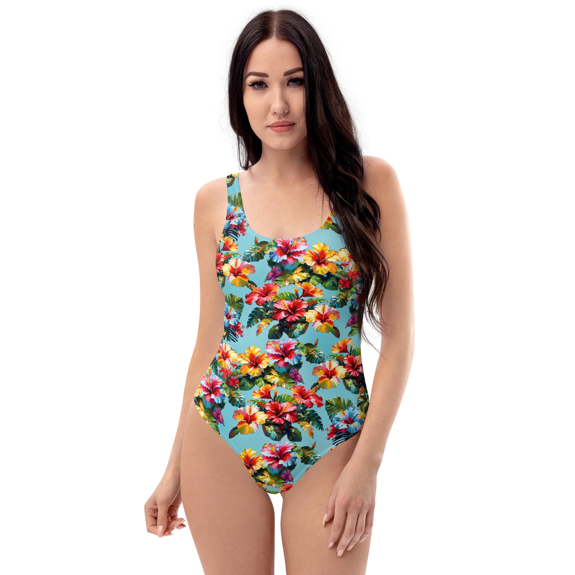 A picture of a woman modeling a Hawaiian Hibiscus Flower patterned One-Piece Swimsuit - front