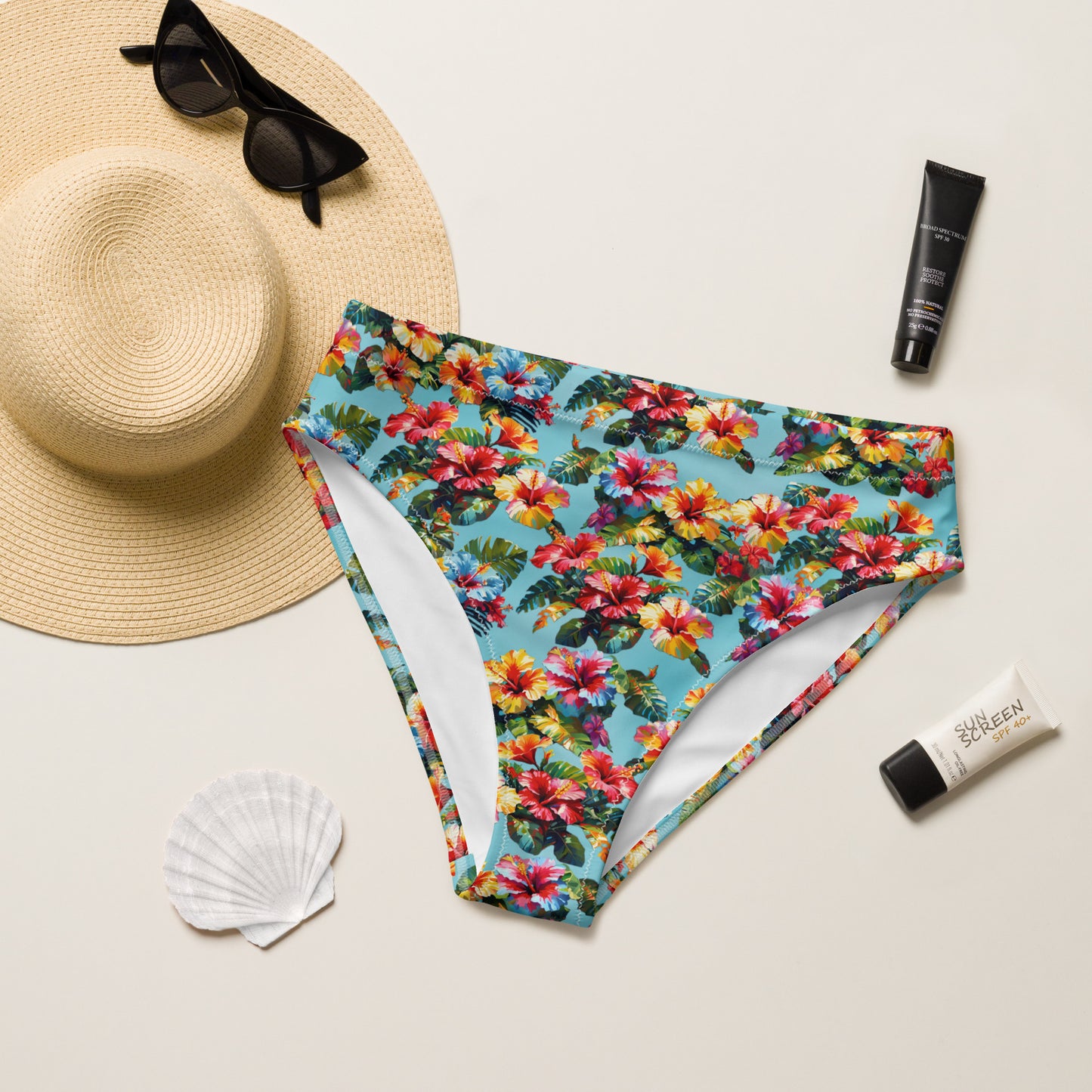 A picture of the Hibiscus Flower patterned High-Waisted Bikini Bottom - front