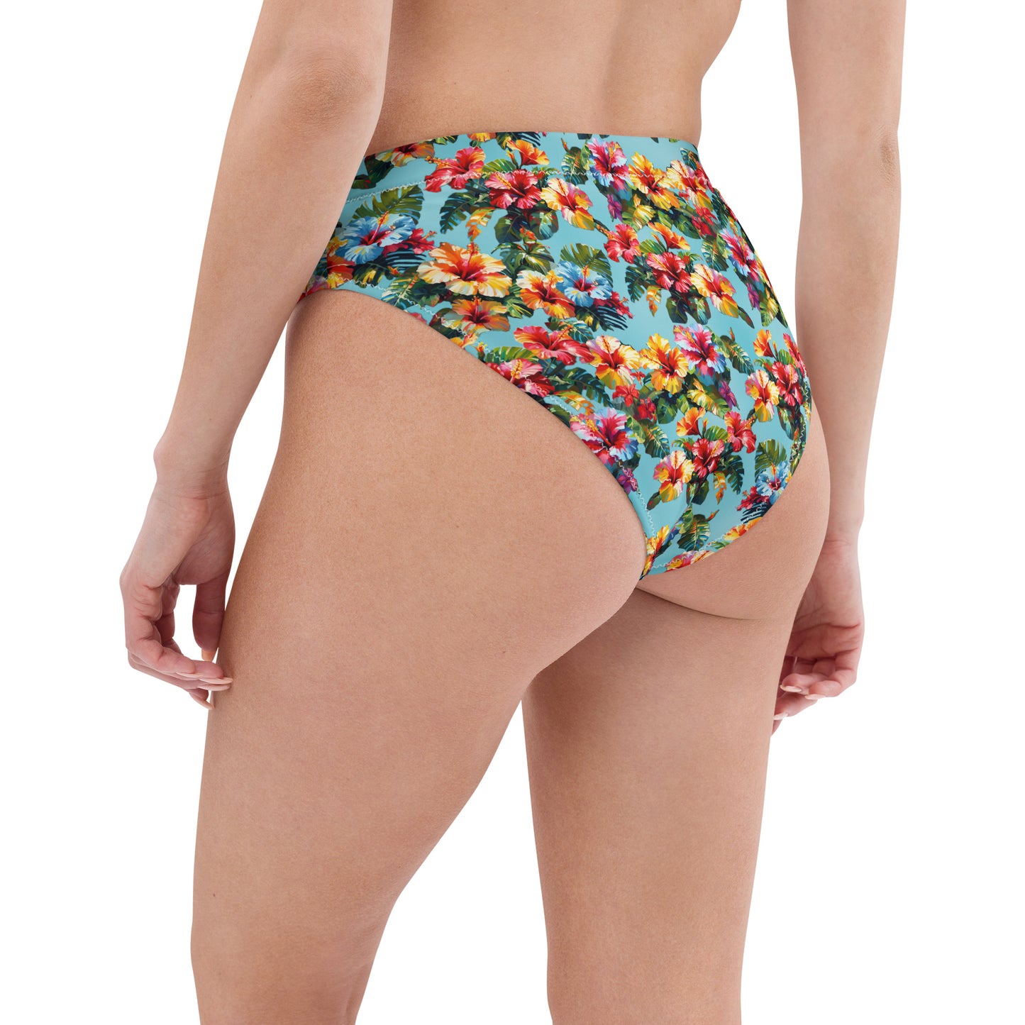 A picture of a woman modeling a Hibiscus Flower patterned High-Waisted Bikini Bottom - left back
