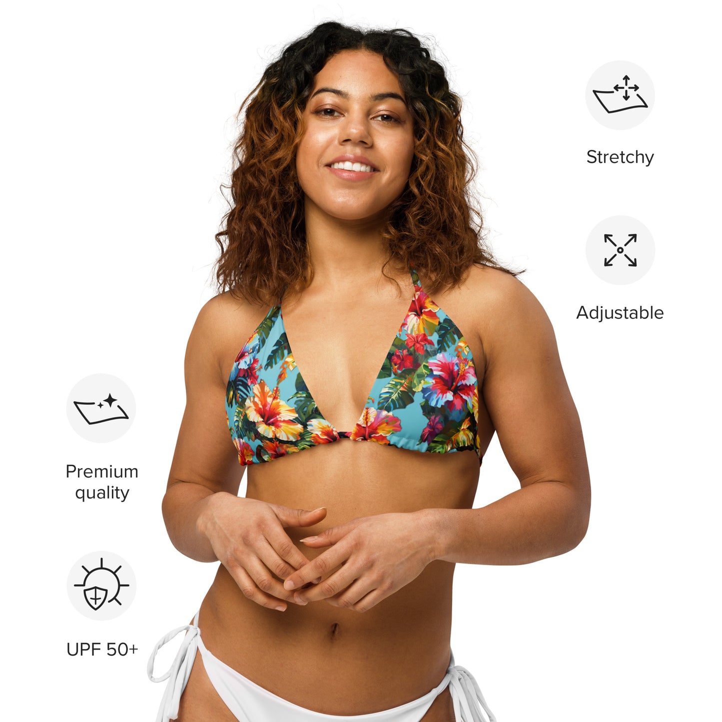A picture of a woman modeling the Hibiscus Flower patterned String Bikini Top - front