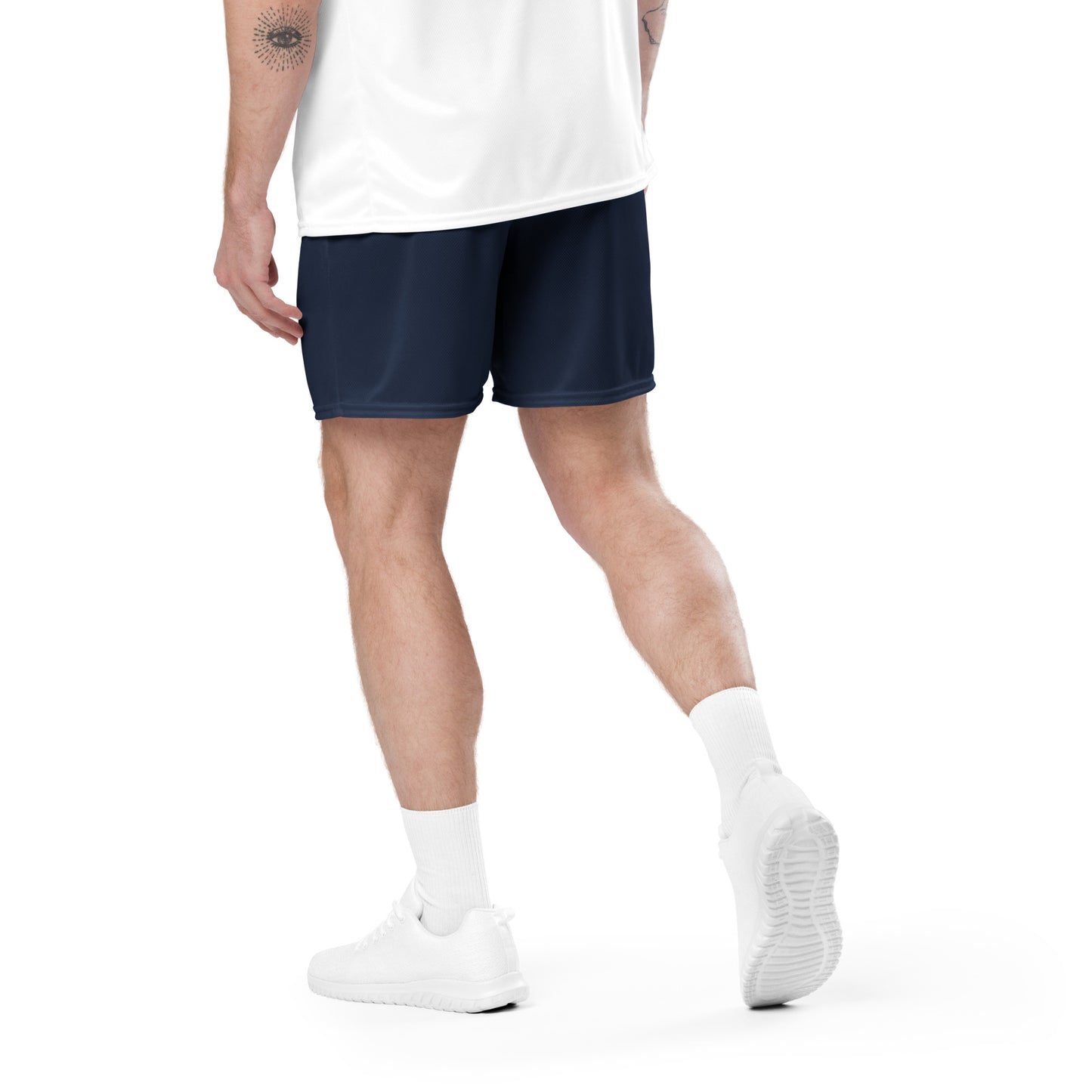 A picture of a man waist down wearing Navy Blue Unisex Mesh Shorts sport - bk navy blue