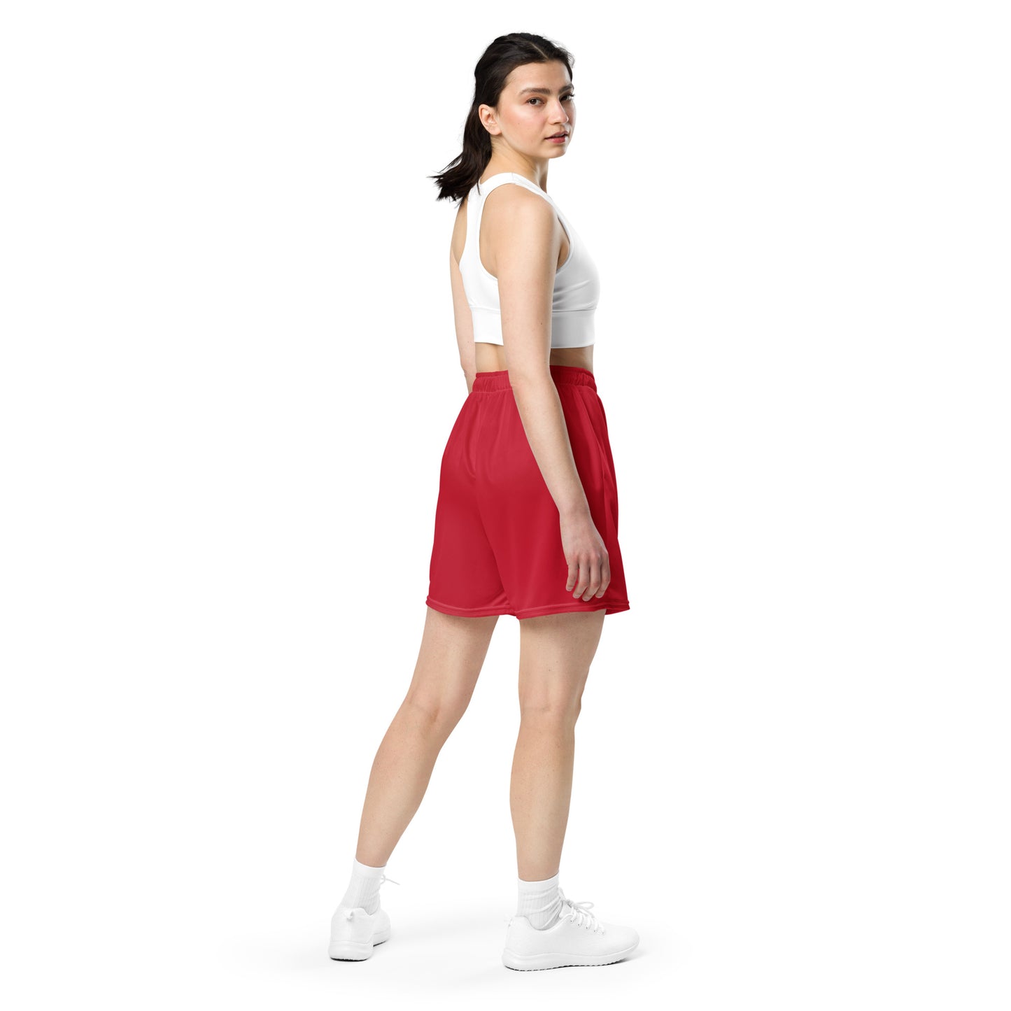 A picture of a woman  wearing red Unisex Mesh Shorts sport - bk red