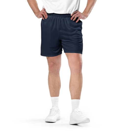 A picture of a man waist down wearing Navy Blue Unisex Mesh Shorts sport - navy blue