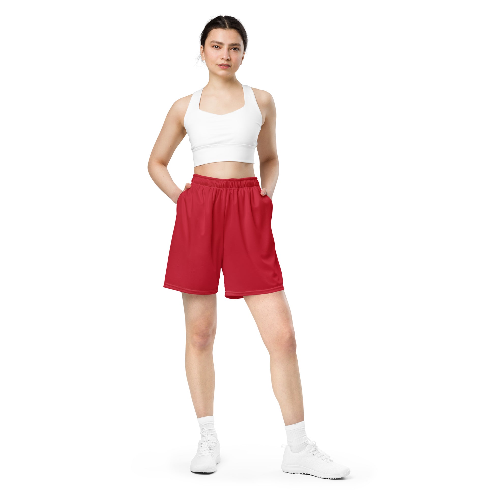 A picture of a woman  wearing red Unisex Mesh Shorts sport - ft red