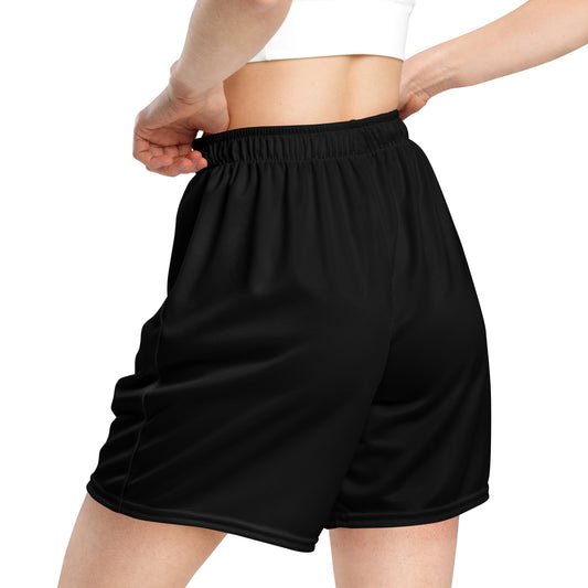 A picture of a woman waist down wearing Black Unisex Mesh Shorts sport - bk black