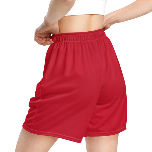A picture of a woman waist down wearing red Unisex Mesh Shorts sport - bk red