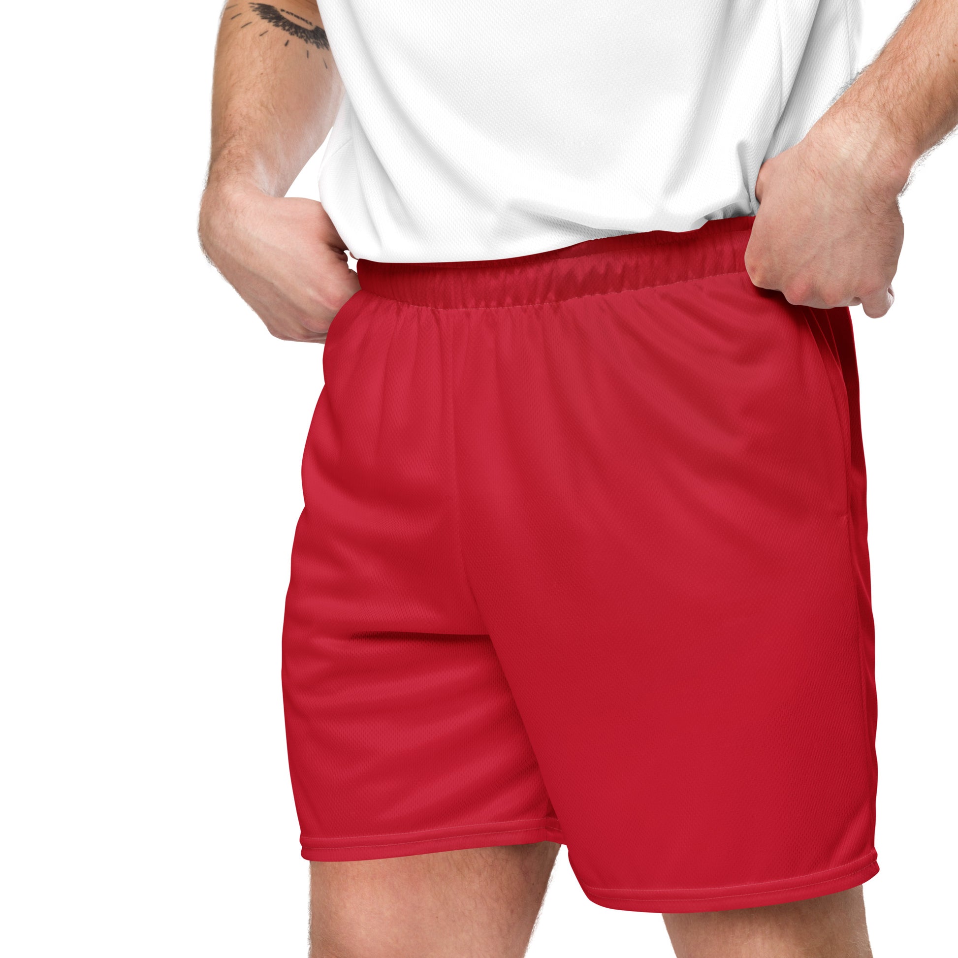 A picture of a man waist down wearing red Unisex Mesh Shorts sport - ft red