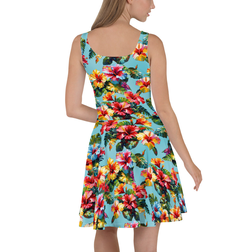 A picture of a woman modeling a Hawaiian Hibiscus Flower patterned Skater Dress - back