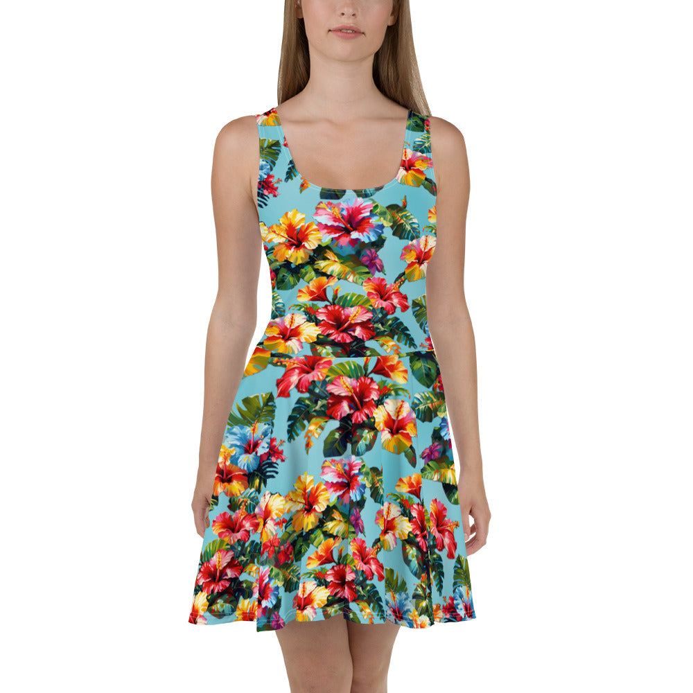 A picture of a woman modeling a Hawaiian Hibiscus Flower patterned Skater Dress - front