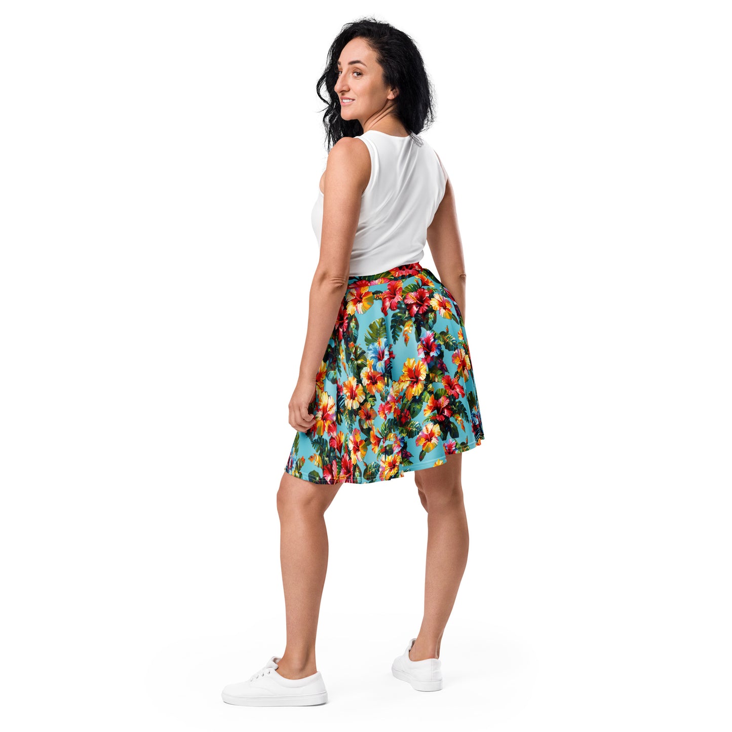 A picture of a woman modeling a Hawaiian Hibiscus Flower pattered skater skirt - back