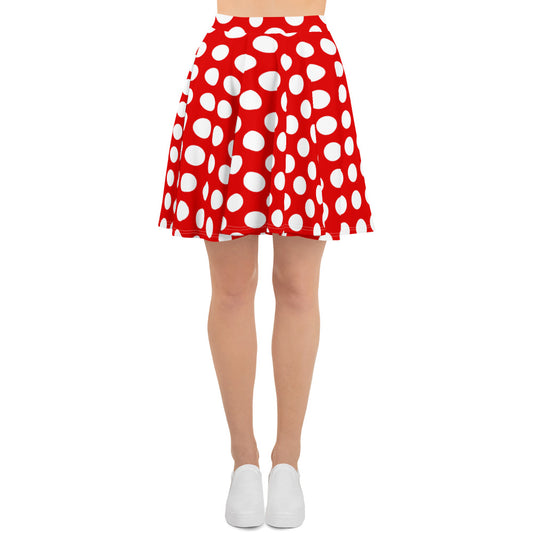 A picture of a woman waist down wearing a Products "Red and White Polka Dot" Skater Skirt and white shoes - front side