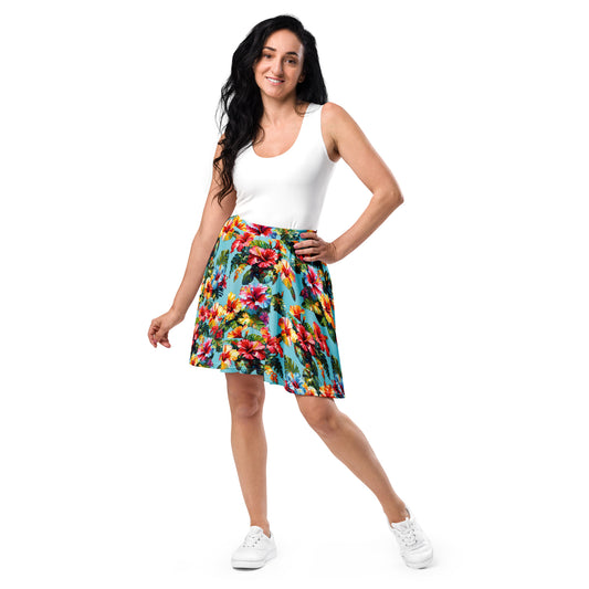 A picture of a woman modeling a Hawaiian Hibiscus Flower pattered skater skirt - front