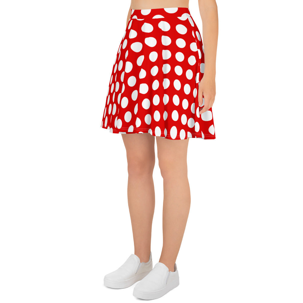 A picture of a woman waist down wearing a Products "Red and White Polka Dot" Skater Skirt and white shoes - left side