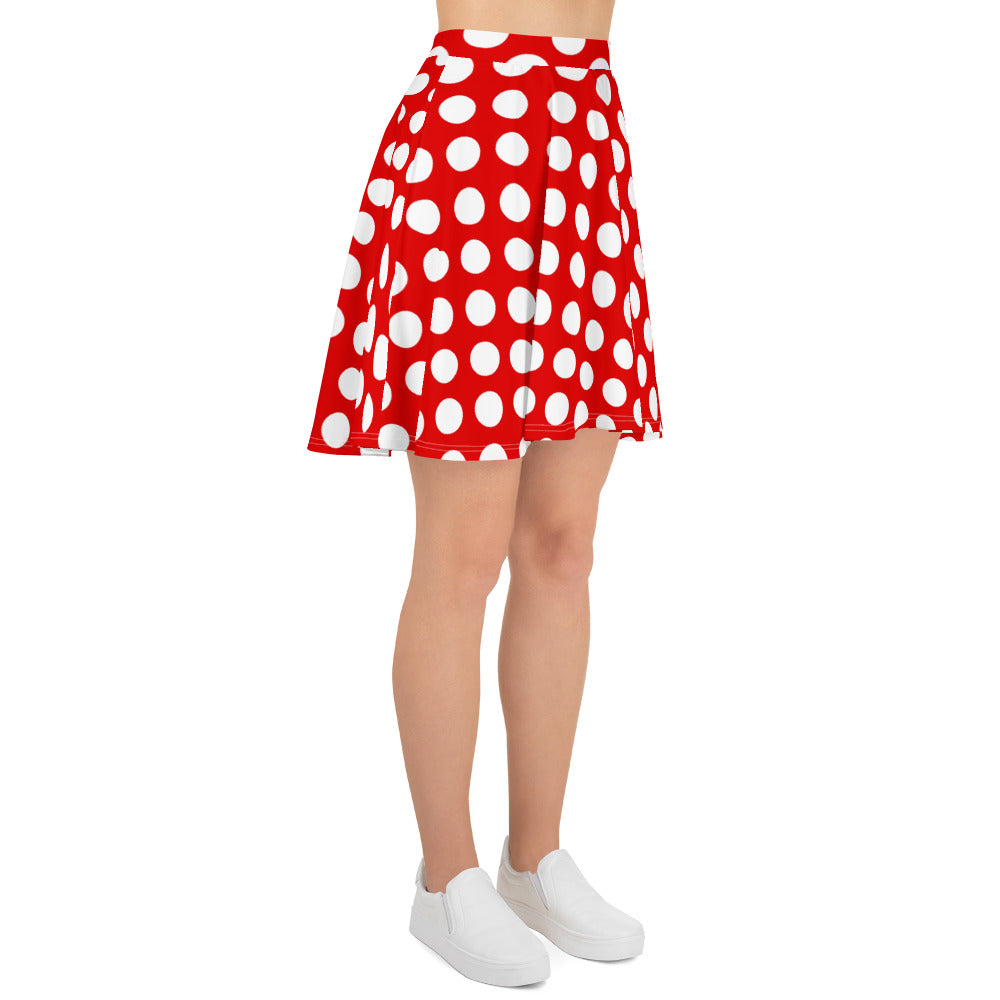 A picture of a woman waist down wearing a Products "Red and White Polka Dot" Skater Skirt and white shoes - right side