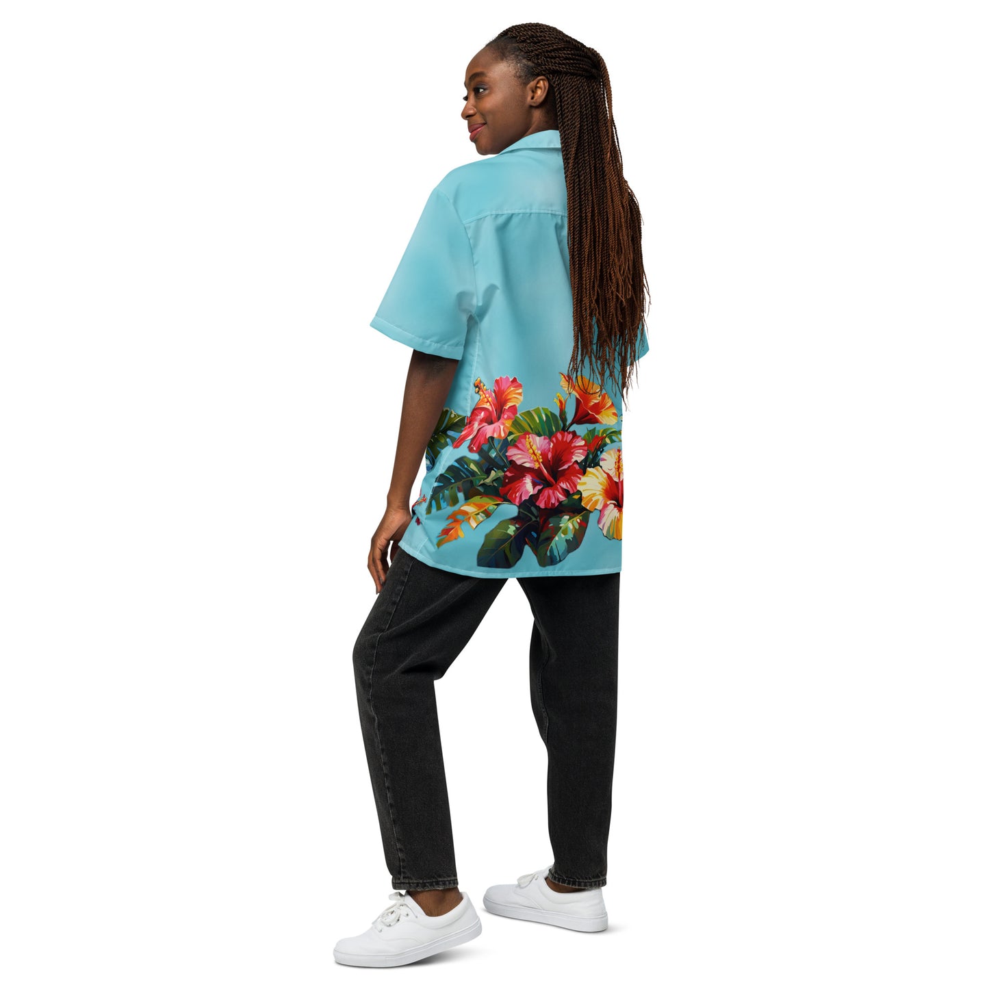 A picture of a woman modeling a Hawaiian Hibiscus Flower patterned Unisex Button Shirt - back