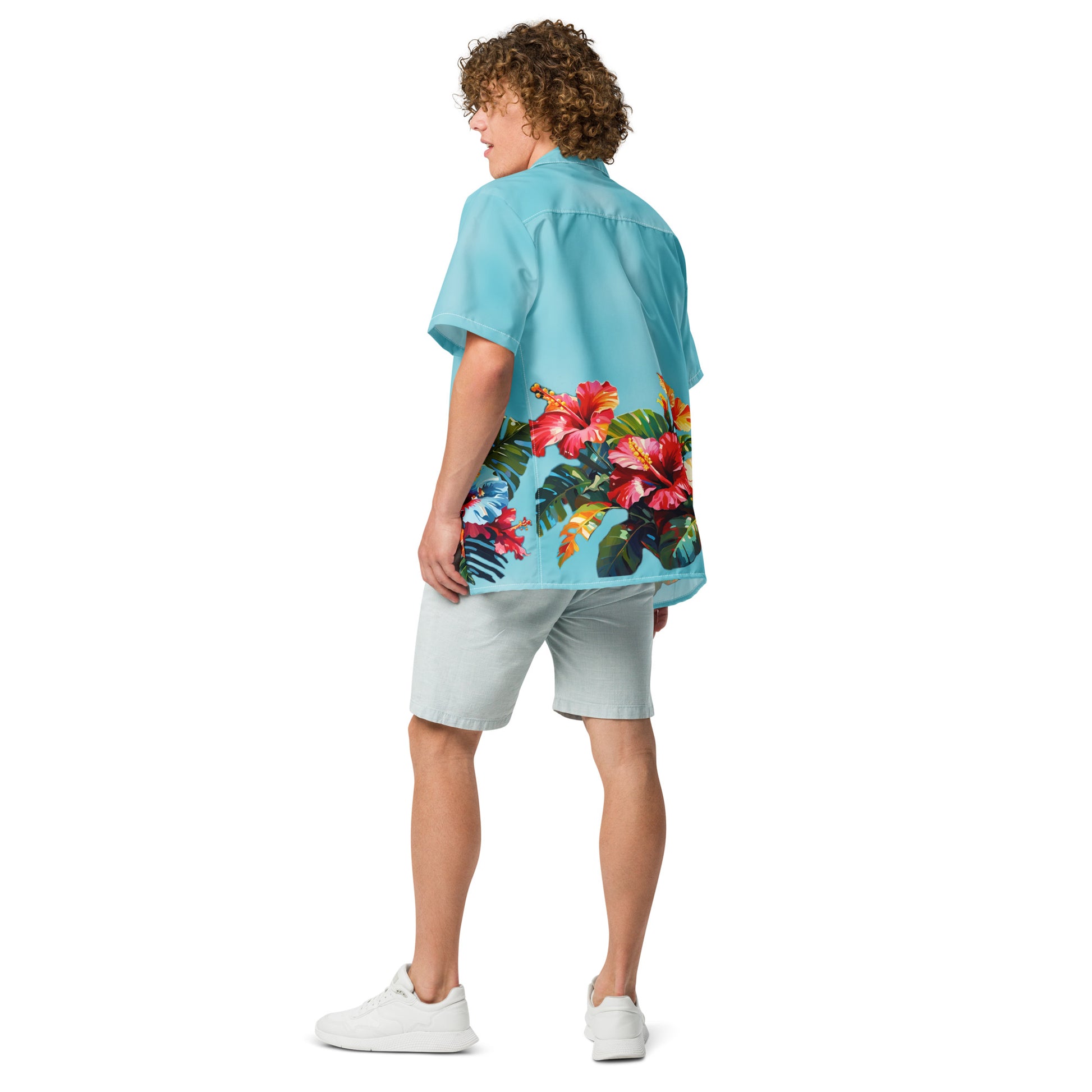 A picture of a man modeling a Hawaiian Hibiscus Flower patterned Unisex Button Shirt - back