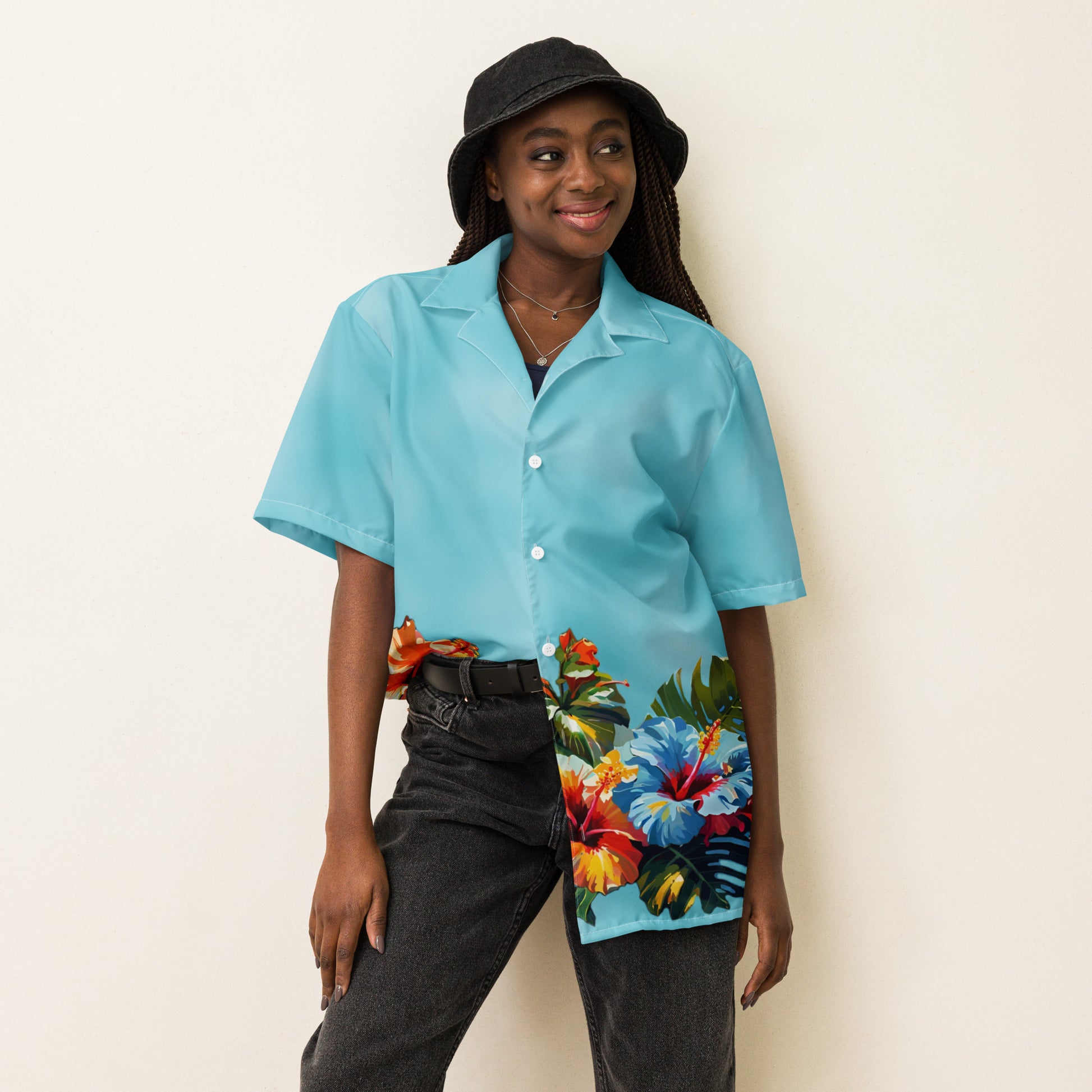 A picture of a woman modeling a Hawaiian Hibiscus Flower patterned Unisex Button Shirt - front