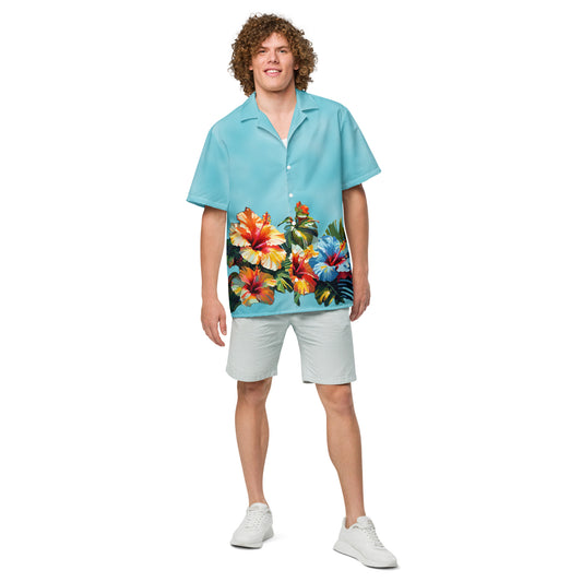 A picture of a man modeling a Hawaiian Hibiscus Flower patterned Unisex Button Shirt - front