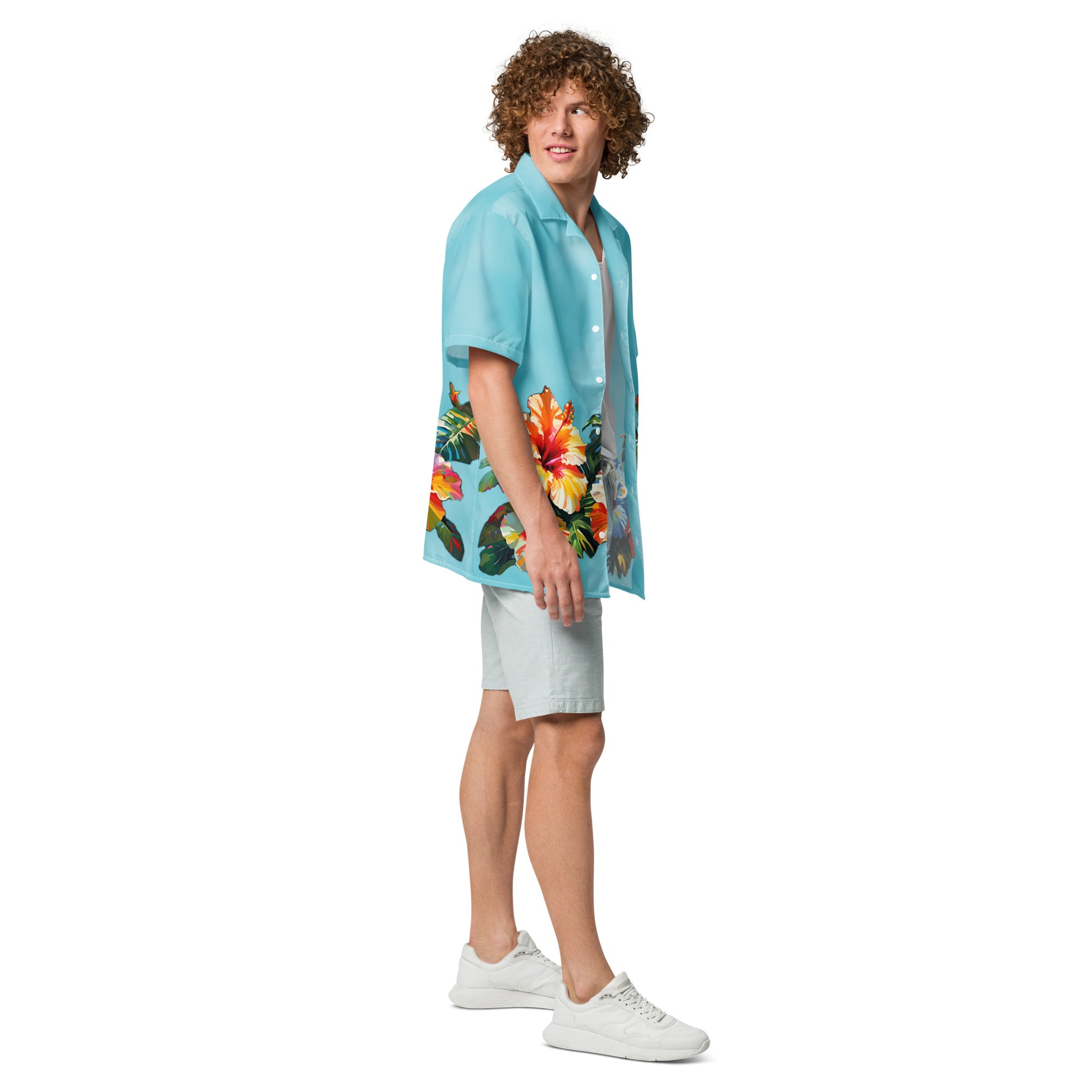 A picture of a man modeling a Hawaiian Hibiscus Flower patterned Unisex Button Shirt - right