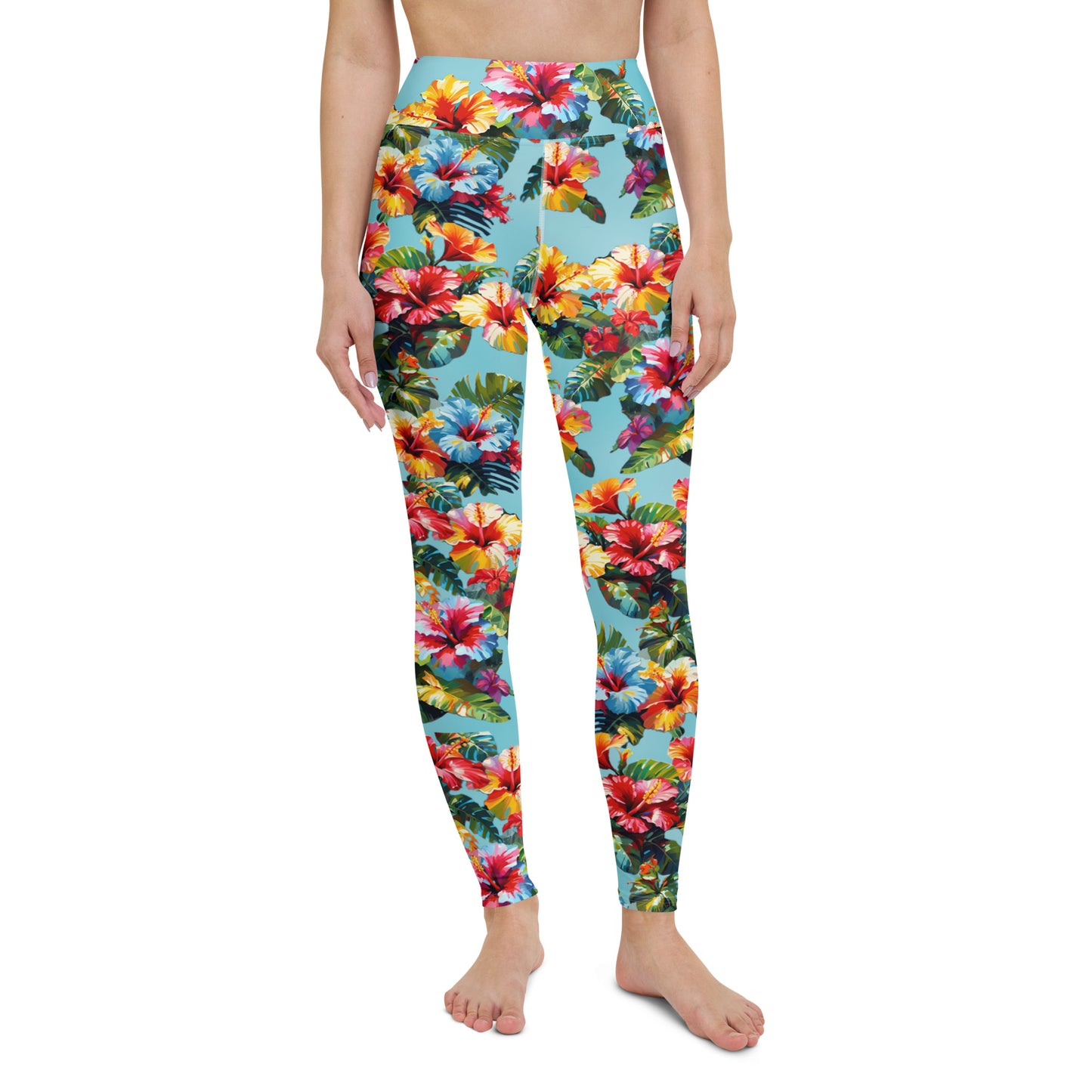 A picture of a woman modeling a Hawaiian Hibiscus Flower patterned Yoga Leggings - front