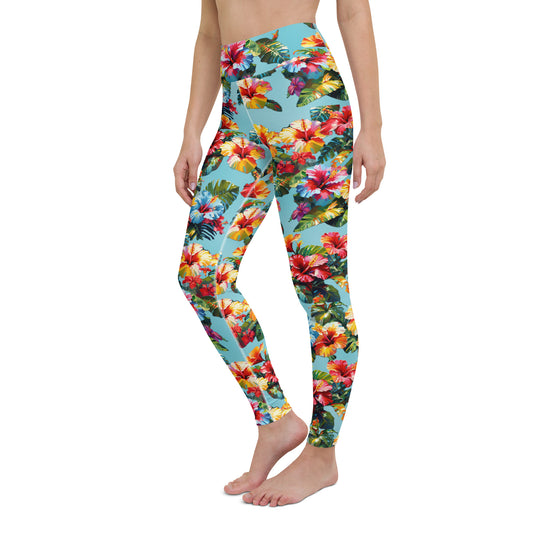 A picture of a woman modeling a Hawaiian Hibiscus Flower patterned Yoga Leggings - left front