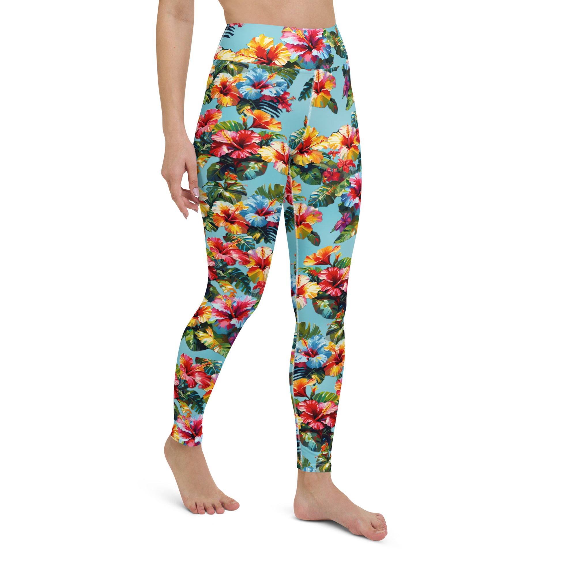 A picture of a woman modeling a Hawaiian Hibiscus Flower patterned Yoga Leggings - right front