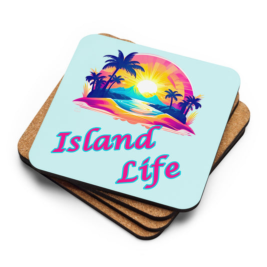 A picture of a stack of cork-backed coasters on the fron is a colorful picture of a tropical island paradise with the text ISLAND LIFE 