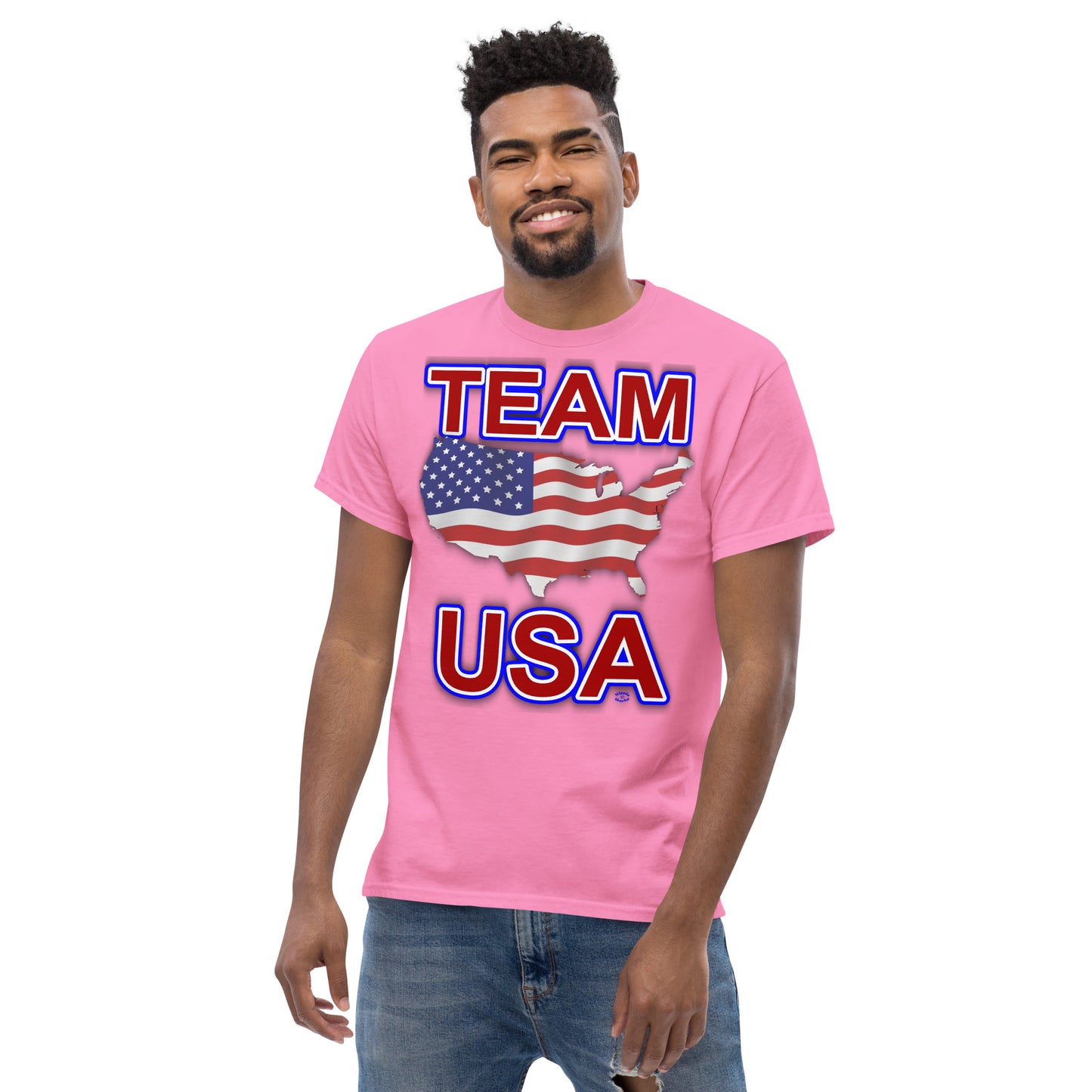 A Picture of a man wearing a tshirt with an american flag usa map with team USA written in red, white and blue - ft -azalea
