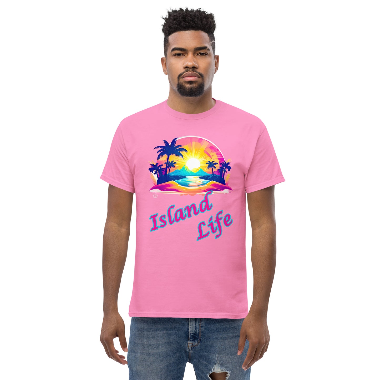 A picture of a man modeling a Men's Classic Tee / Tshirt with a large picture on the front of a tropical island paradise and the text Island Life underneath - front - azalea pink