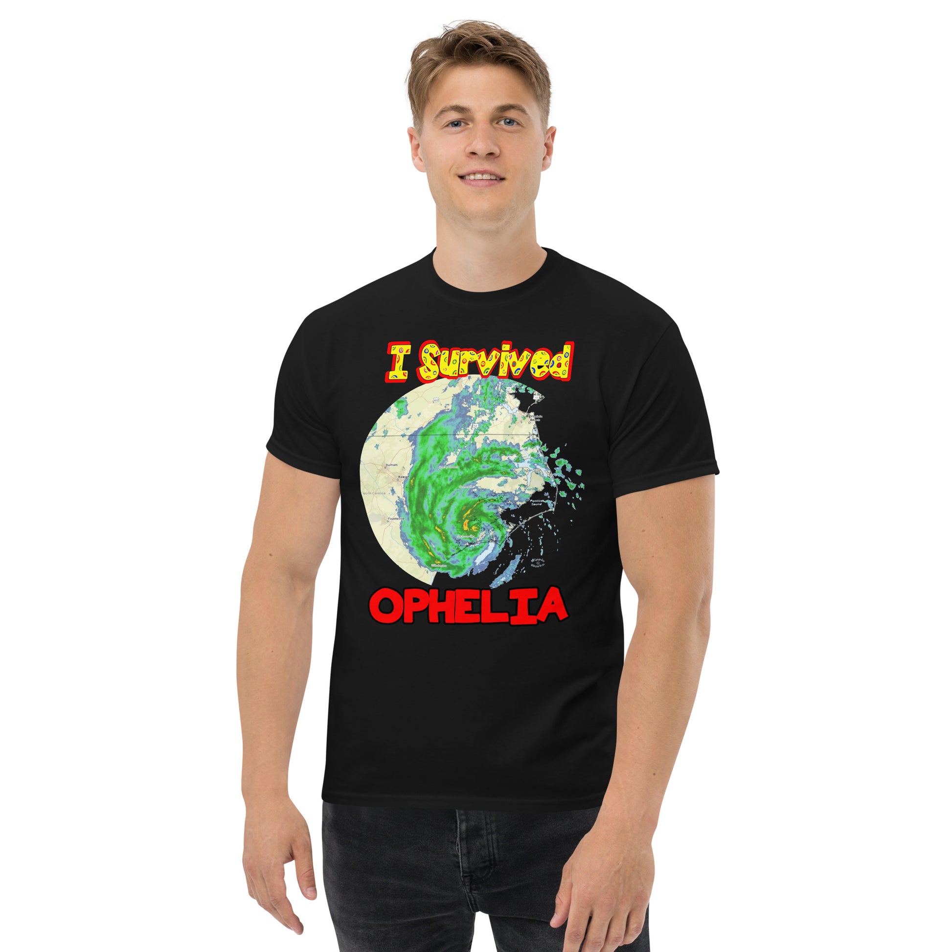 A picture of a man modeling a I Survived Hurricane Ophelia Men's Classic Tee with a large picture on the front of tropical storm Ophelia and the text I Survived Ophelia - black