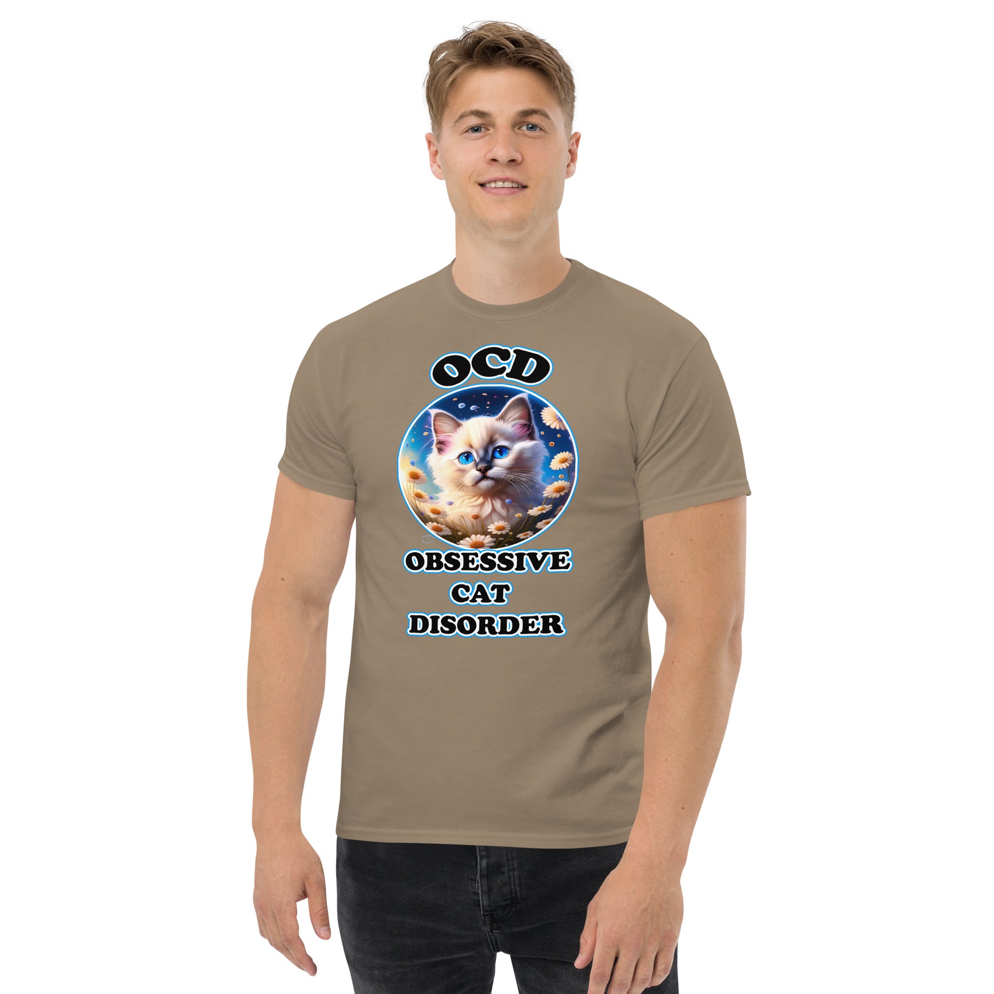 a picture of a man wearing a tshirt with a picture of a cute ragdoll kitten in a circle with flowers. text around the outside reads OCD  Obsessive Cat Disorder - savana brown