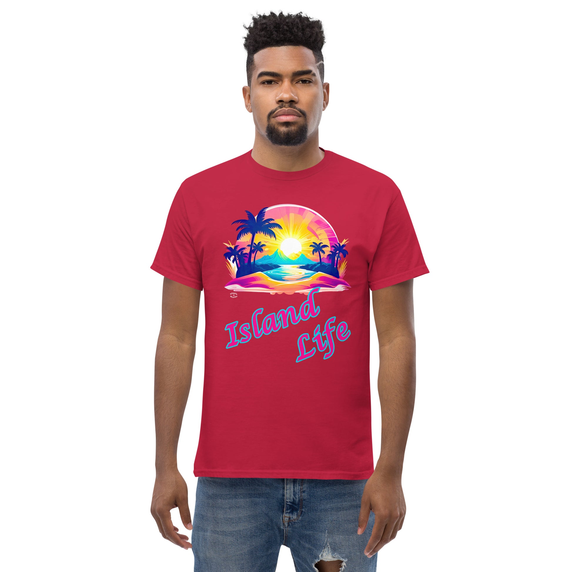 A picture of a man modeling a Men's Classic Tee / Tshirt with a large picture on the front of a tropical island paradise and the text Island Life underneath - front - cardinal