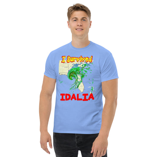 A picture of a man wearing a tshirt with I SURVIVED Hurricane IDALIA Unisex T-Shirt - in carolina blue