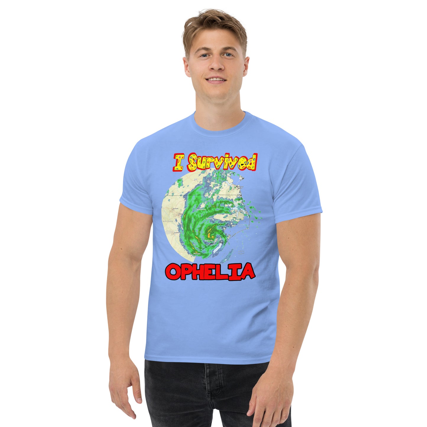 A picture of a man modeling a I Survived Hurricane Ophelia Men's Classic Tee with a large picture on the front of tropical storm Ophelia and the text I Survived Ophelia - carolina blue