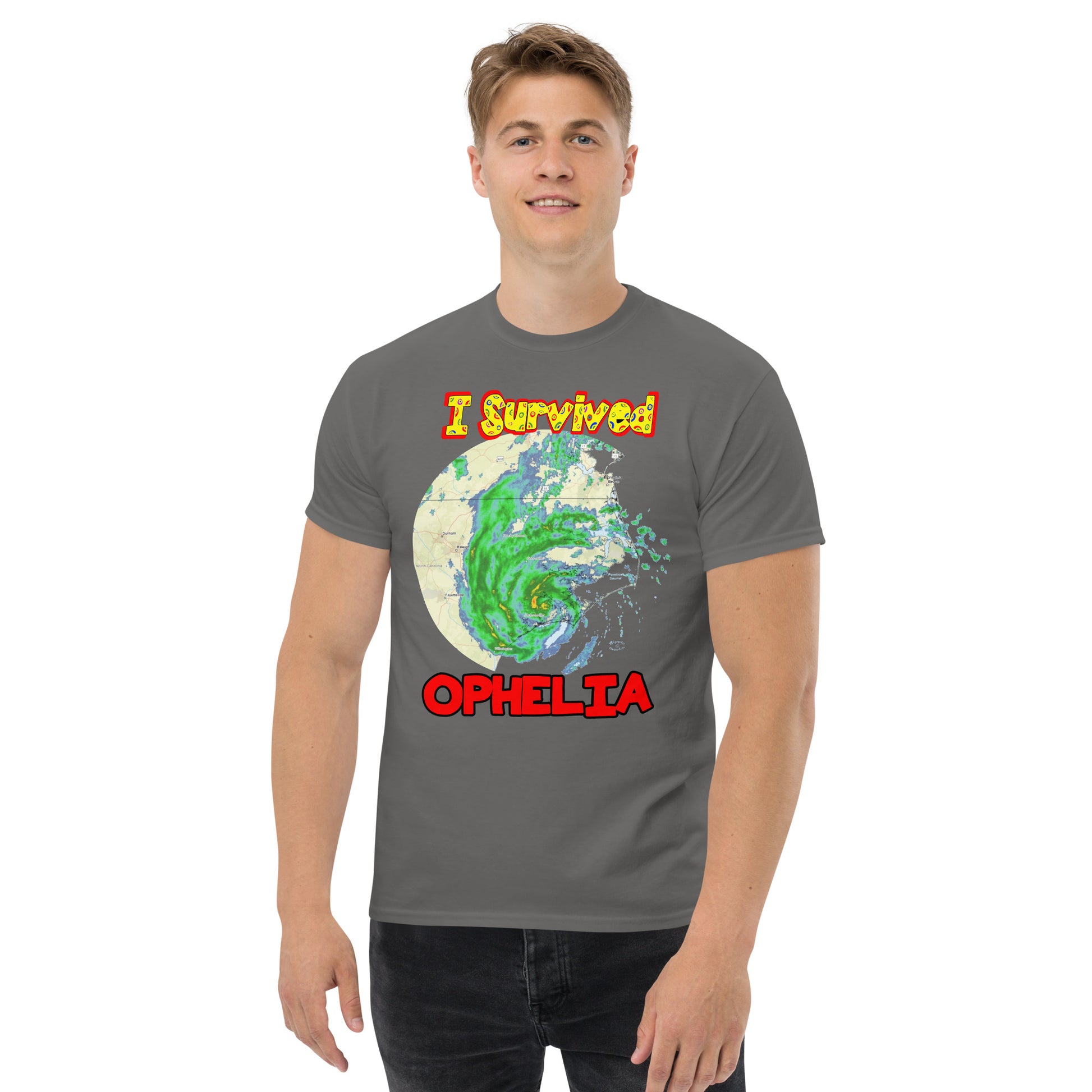 A picture of a man modeling a I Survived Hurricane Ophelia Men's Classic Tee with a large picture on the front of tropical storm Ophelia and the text I Survived Ophelia - charcoal grey