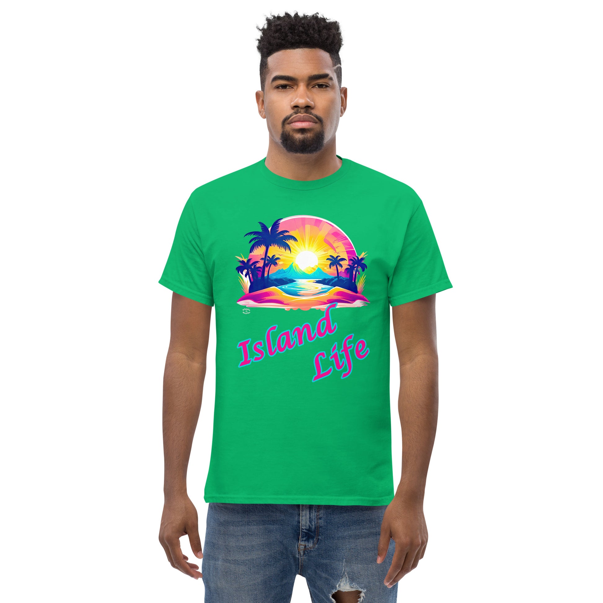 A picture of a man modeling a Men's Classic Tee / Tshirt with a large picture on the front of a tropical island paradise and the text Island Life underneath - front - irish green