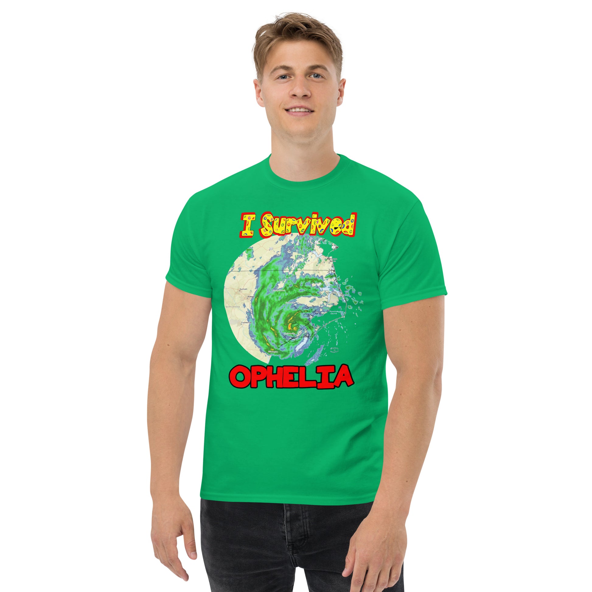 A picture of a man modeling a I Survived Hurricane Ophelia Men's Classic Tee with a large picture on the front of tropical storm Ophelia and the text I Survived Ophelia - irish green