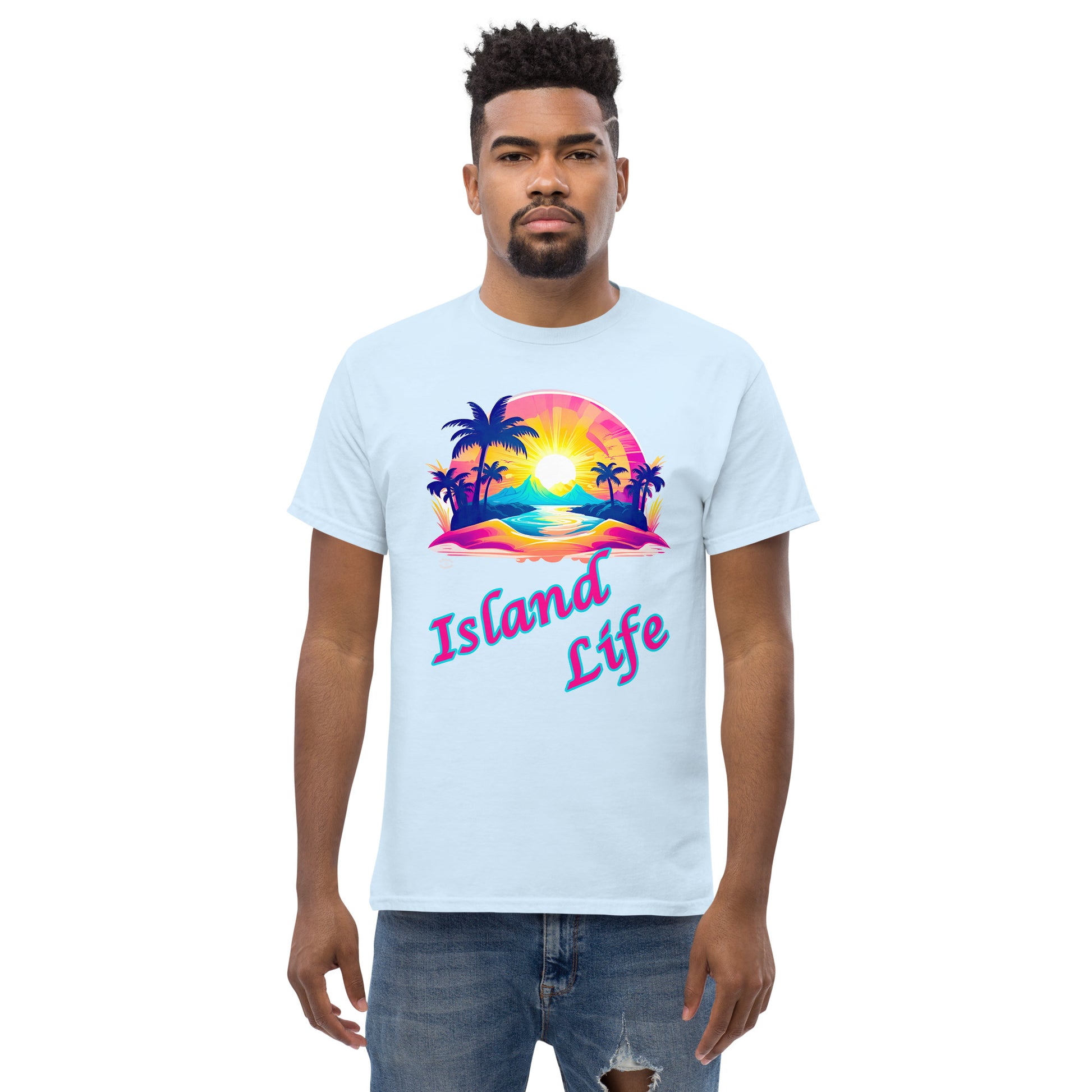 A picture of a man modeling a Men's Classic Tee / Tshirt with a large picture on the front of a tropical island paradise and the text Island Life underneath - front - light blue