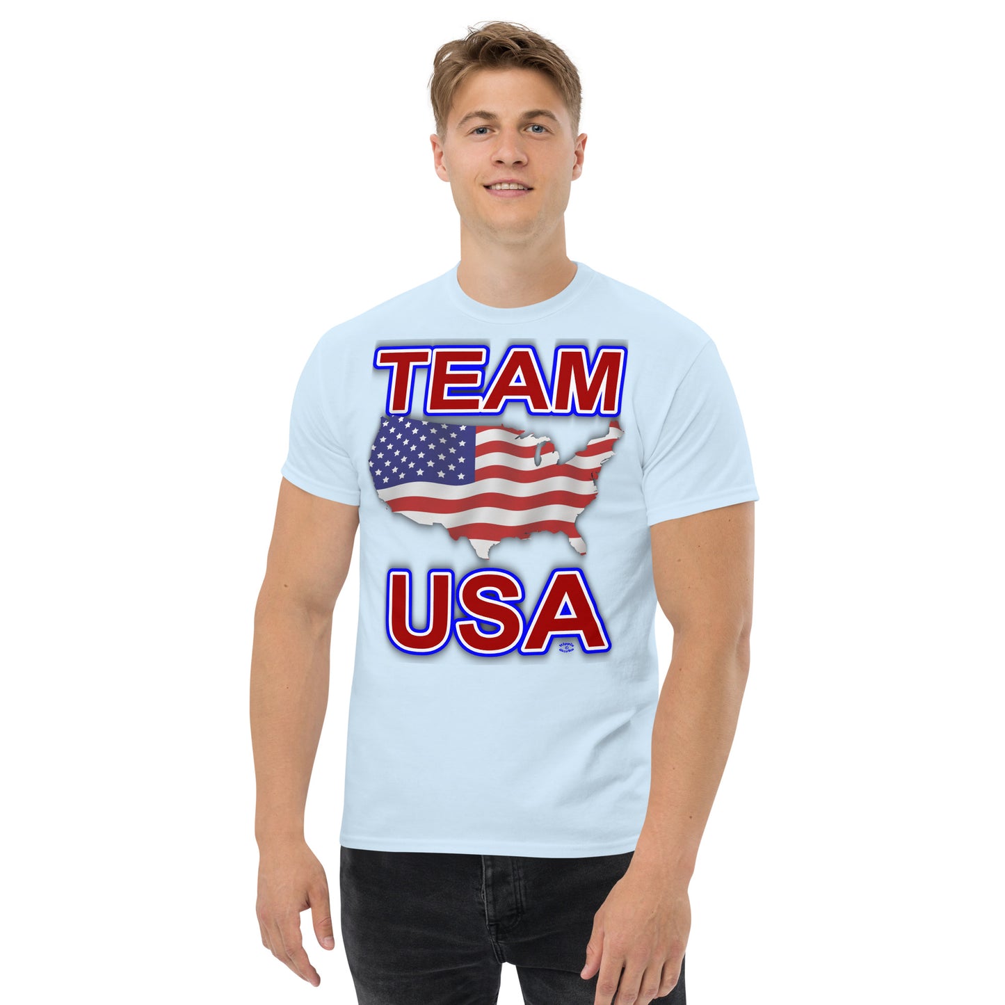 A Picture of a man wearing a tshirt with an american flag usa map with team USA written in red, white and blue - ft - light blue