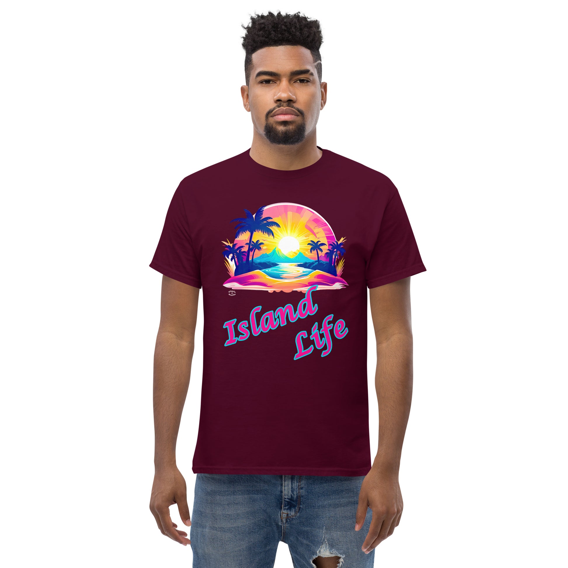 A picture of a man modeling a Men's Classic Tee / Tshirt with a large picture on the front of a tropical island paradise and the text Island Life underneath - front - maroon