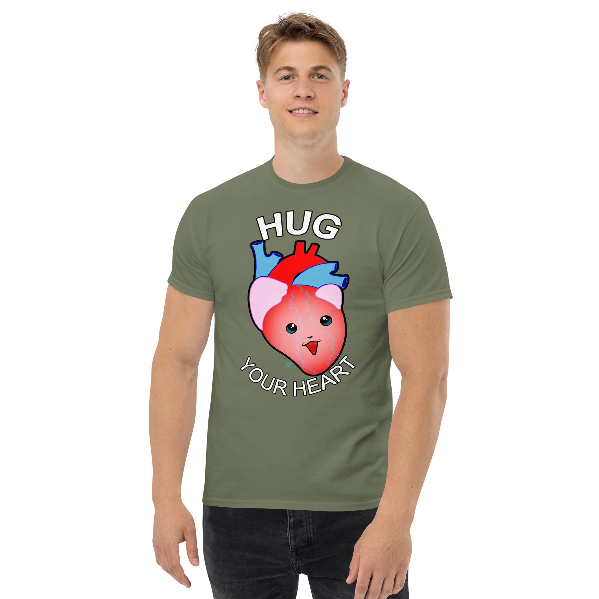 A Picture of a man wearing a short sleeved tshirt with a picture on the front of a smiling heart with the text "HUG Your Heart" - color military green