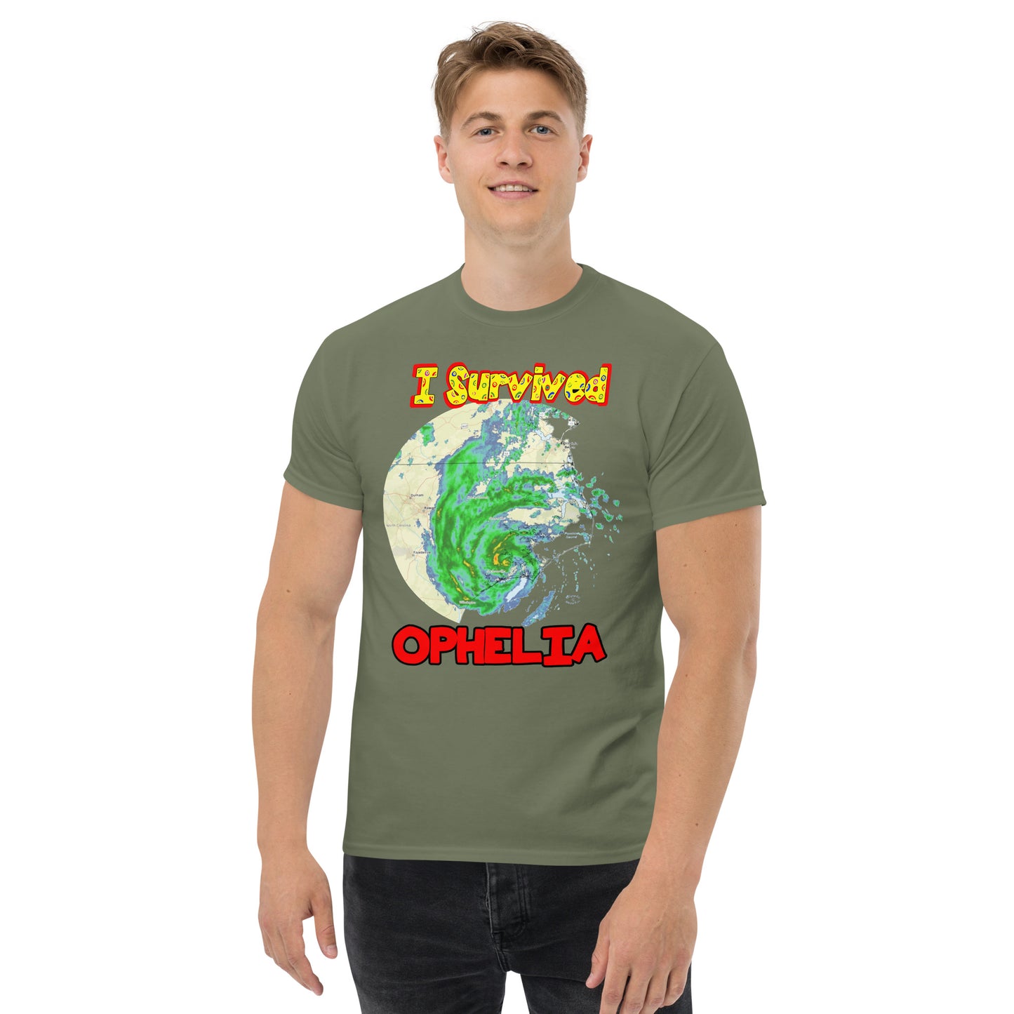 A picture of a man modeling a I Survived Hurricane Ophelia Men's Classic Tee with a large picture on the front of tropical storm Ophelia and the text I Survived Ophelia - military green