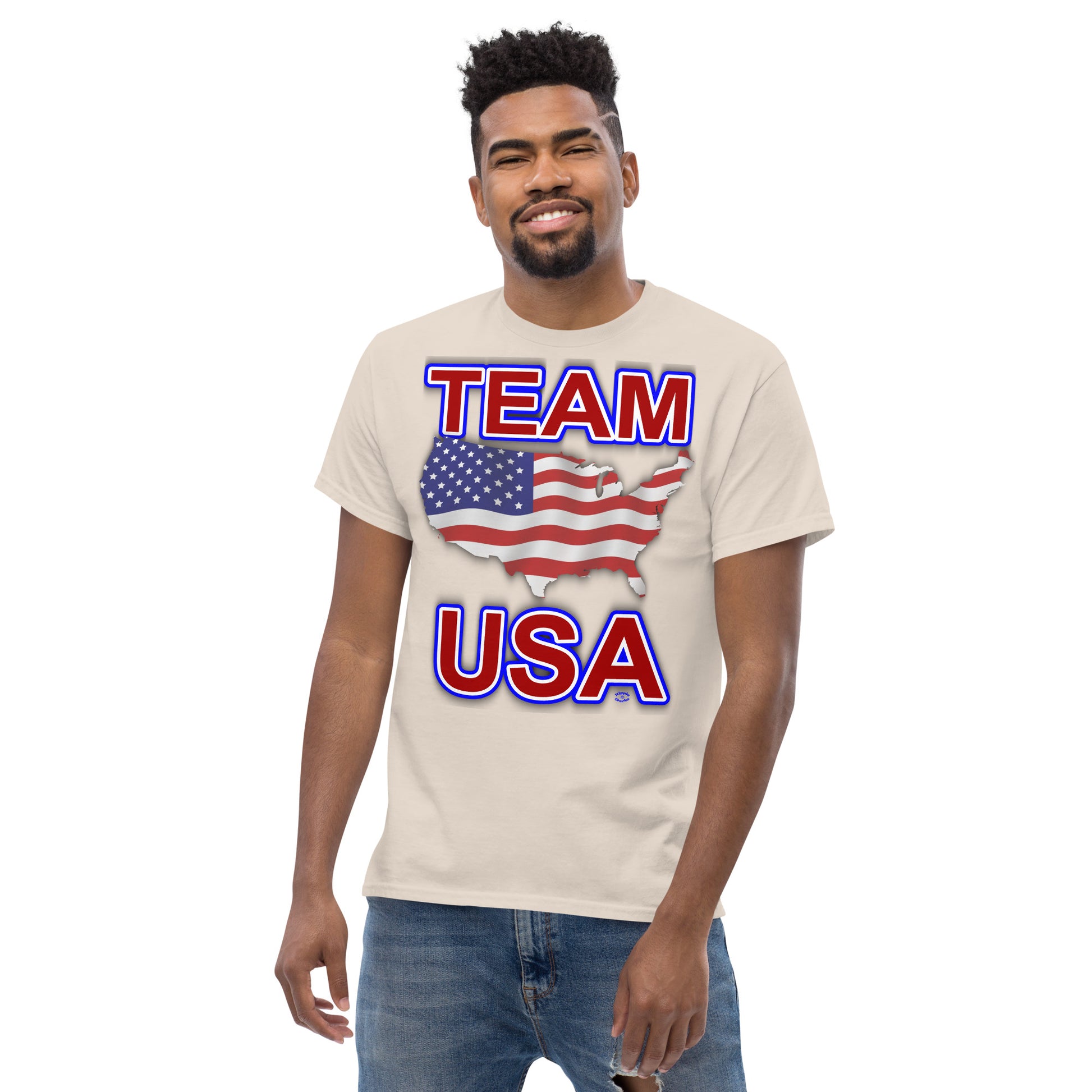 A Picture of a man wearing a tshirt with an american flag usa map with team USA written in red, white and blue - ft - natural