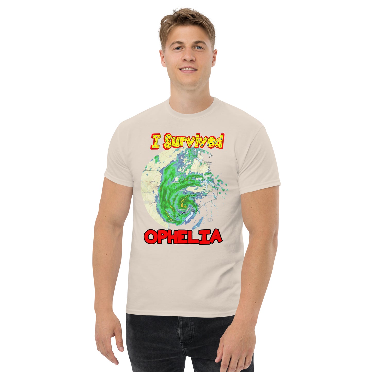 A picture of a man modeling a I Survived Hurricane Ophelia Men's Classic Tee with a large picture on the front of tropical storm Ophelia and the text I Survived Ophelia - natural